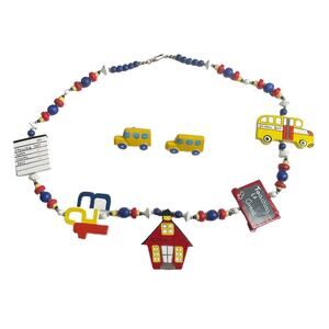 Vintage Ceramic Wood Art to Wear Teachers Necklace Bus Earrings Novelty School